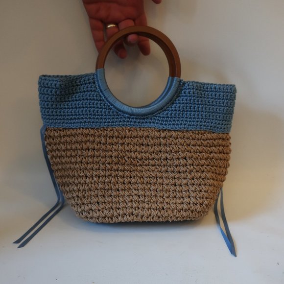 WOMENS UNBILLION BLUE TAN BURLAP WOOD DOUBLE HANDLE HANDBAG * - Picture 2 of 9